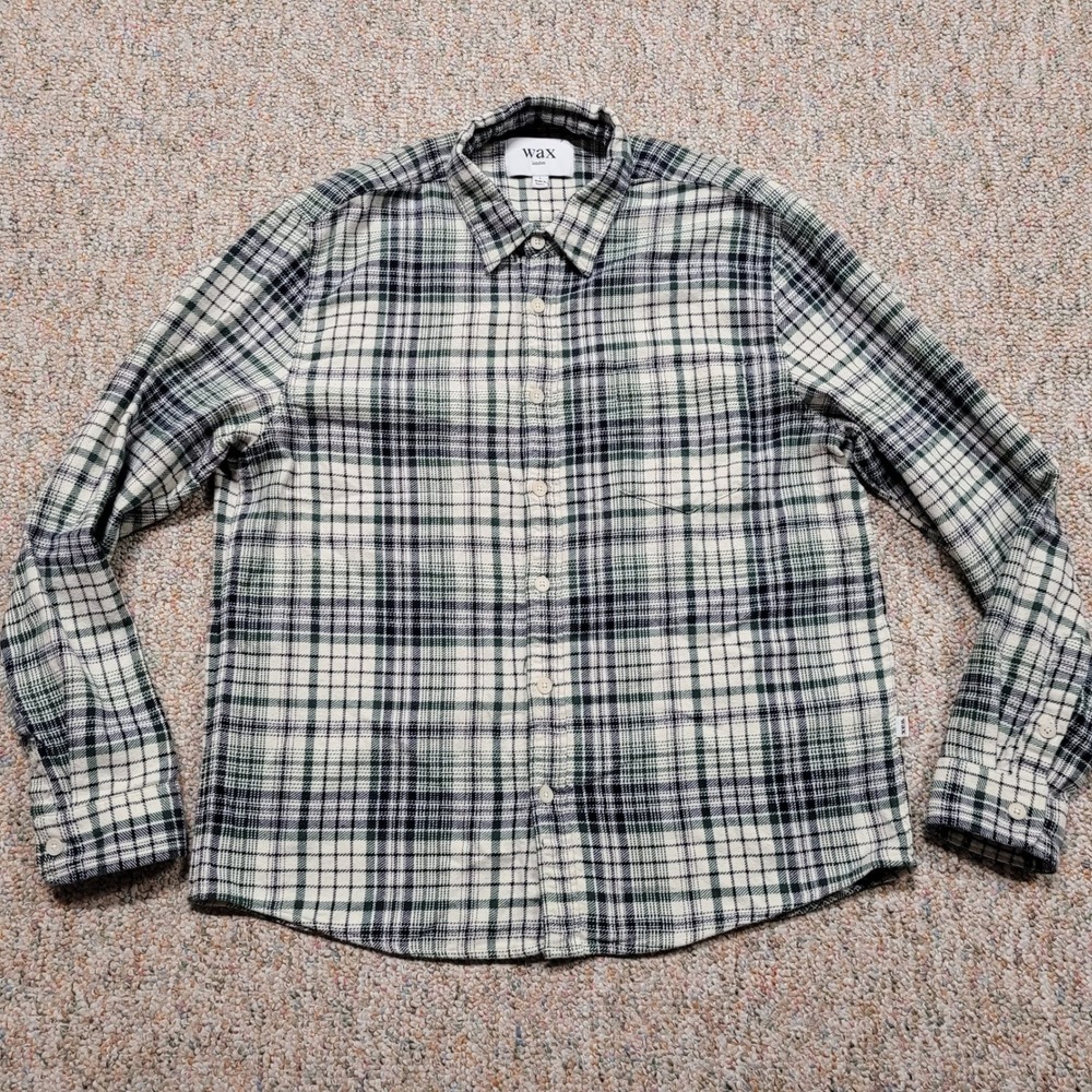Wax London Whiting Overshirt Mens Large Green White Plaid Flannel Jacket Shacket